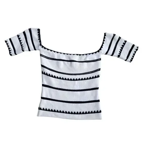 Ronny Kobo White Black Off Shoulder Stretchy Knit Top - Size XS - Picture 3 of 12